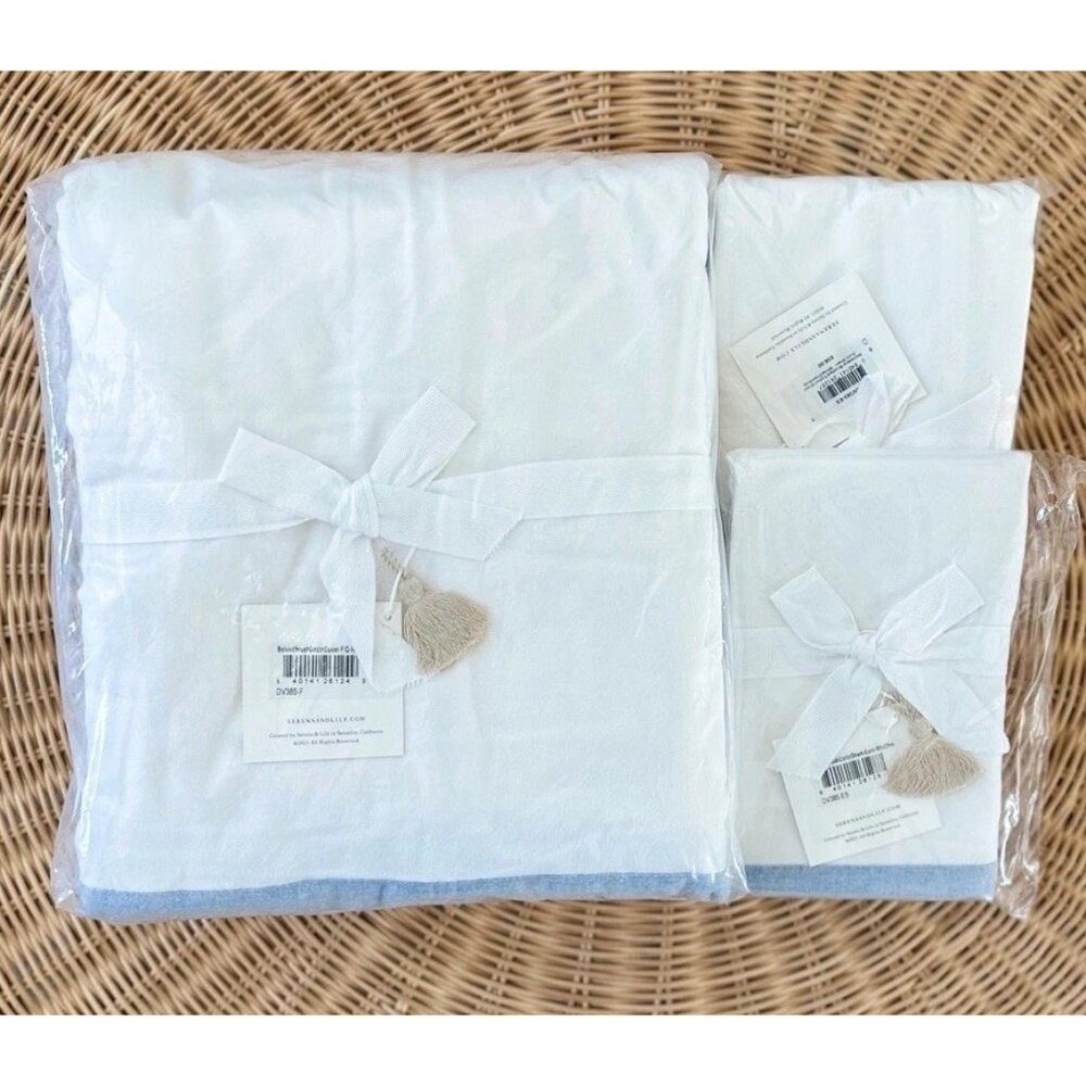 NEW Serena & Lily Belvedere Flannel Duvet Cover (F/Q) & 2 Euro Shams-White/Blue